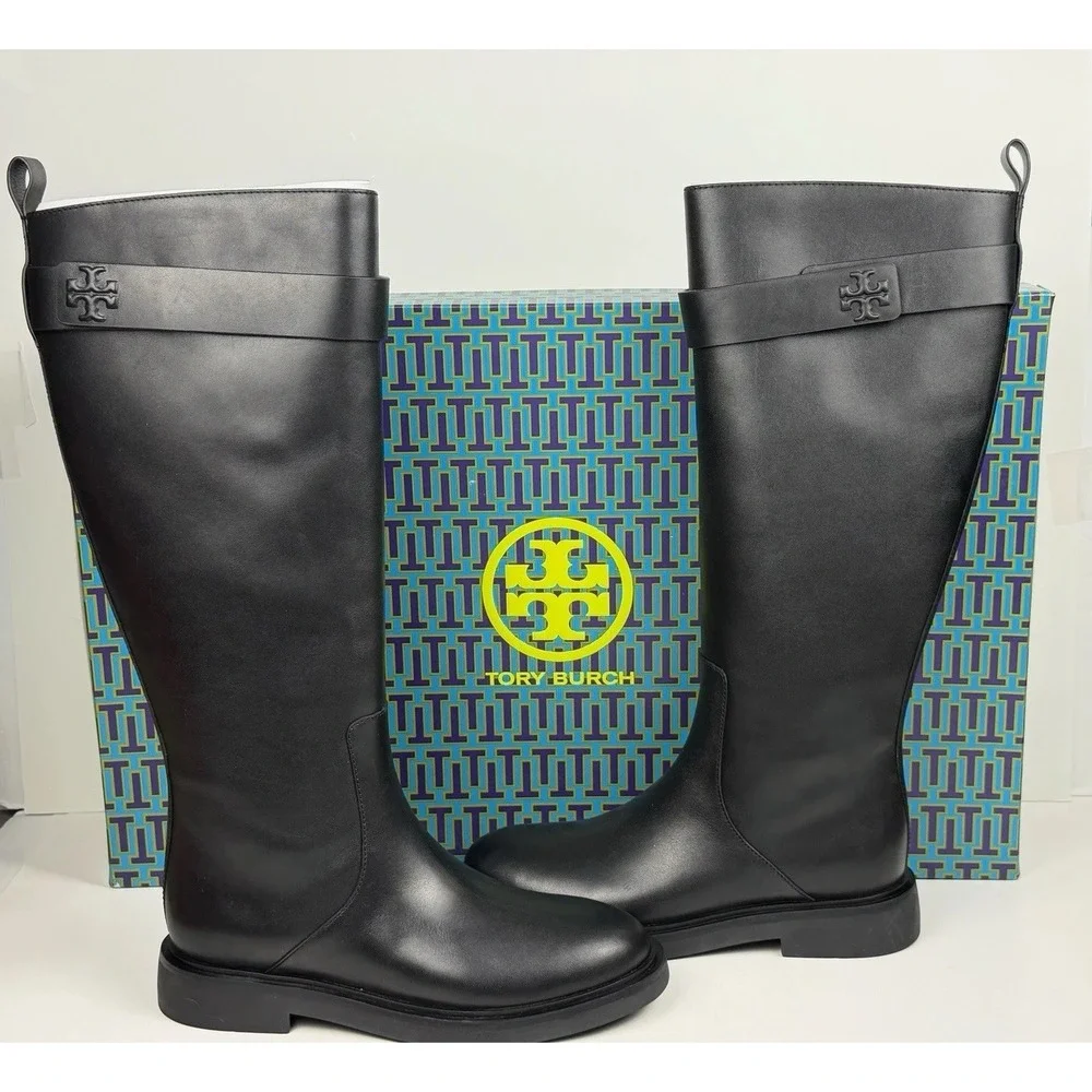 TORY BURCH Double T Utility Boot Women's Size 7 Perfect Black Vachetta Tumbled‎